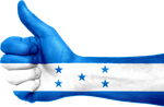 ein rechte Hand zu "Daumen hoch" geformt, als Flaggevon Honduras bemalt,drei Streifen, oben hellblau, in der Mitte weiß mit fünf Sternen, untendunkelblau